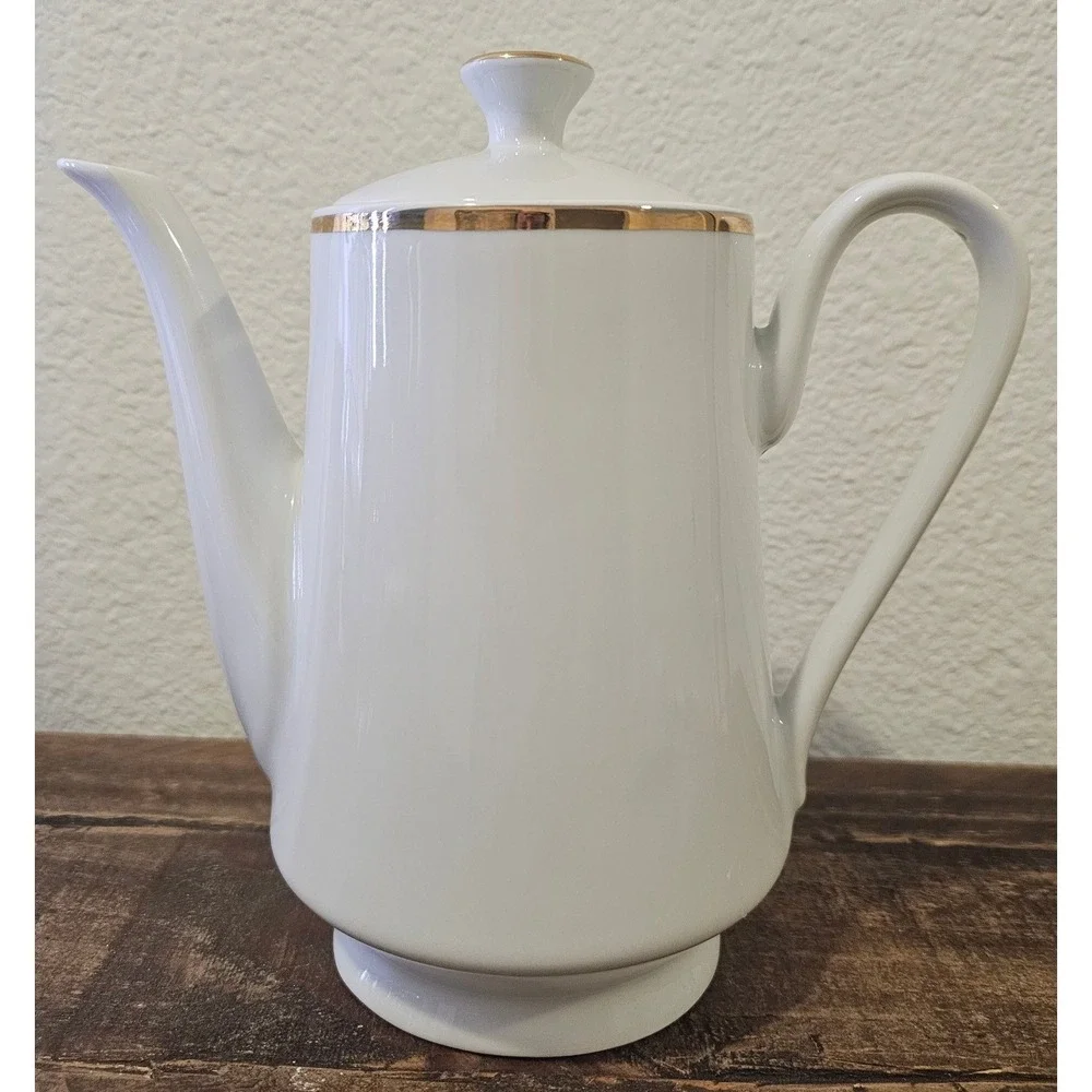 Gibson Housewares White China Tea Coffee Pot with Lid Gold Trim Everyday Gibson